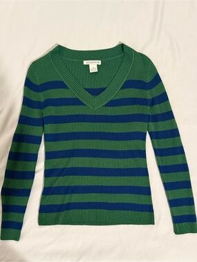 Cocovive Striped V-Neck Sweater in Green & Blue
